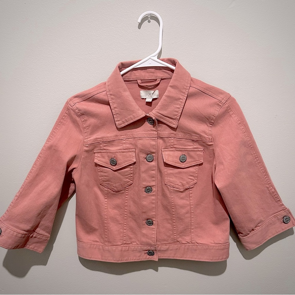 Loft Ann Taylor Cropped Denim Jean Jacket Soft Pink